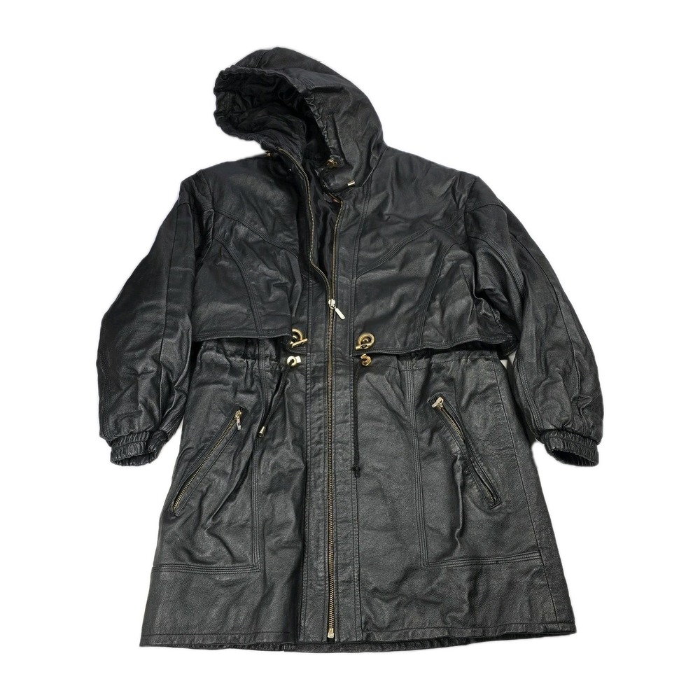 G III Leather Hooded Jacket Womens Size‎ S/CH Black Zip Front Drawstring Waist